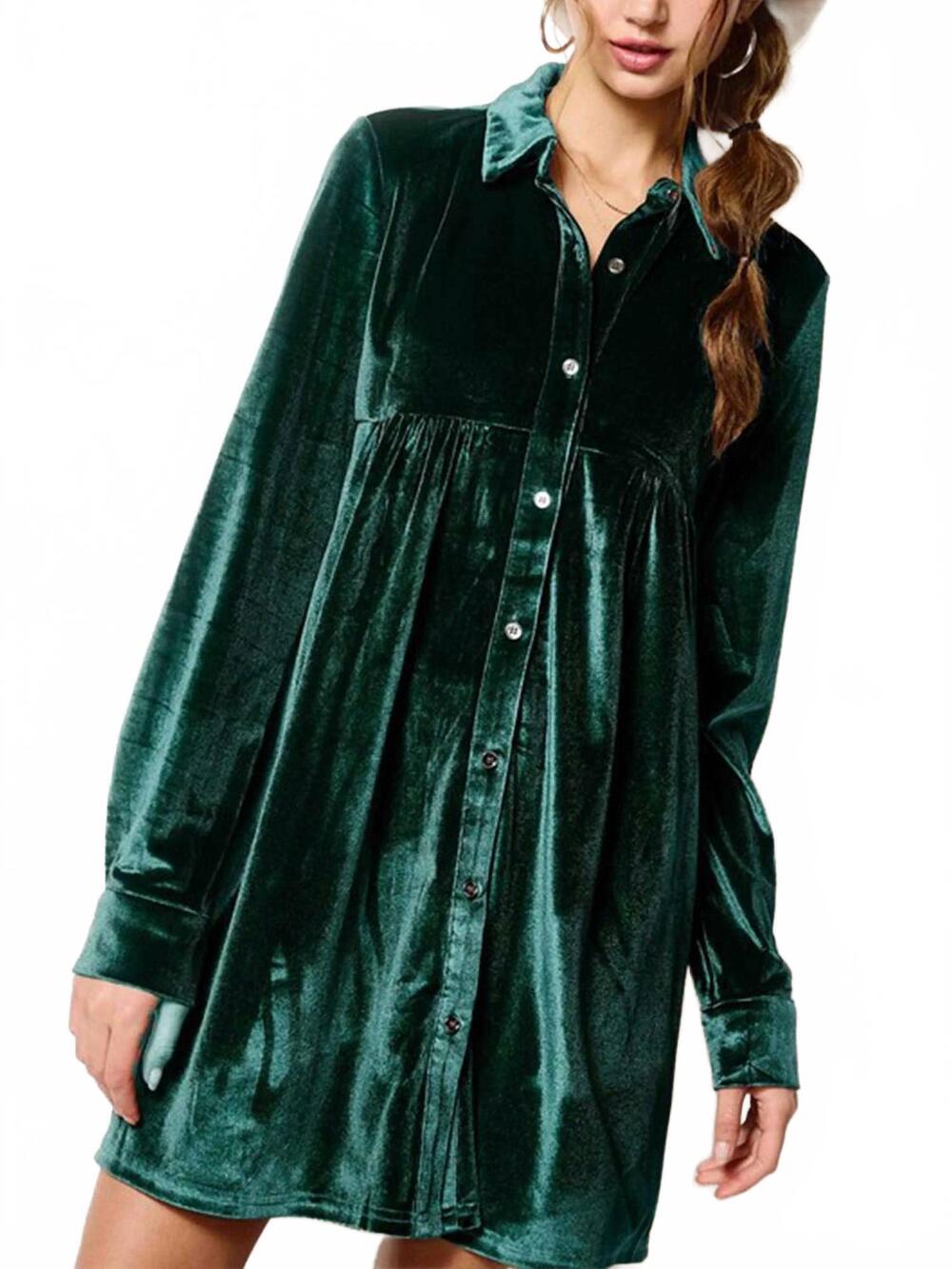 NEW LA MIEL velvet mini shirt dress in green